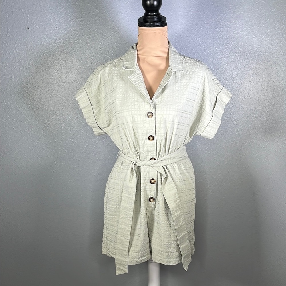 Madewell seersucker green tortoise buttons camp utility short sleeve romper S - Picture 2 of 12
